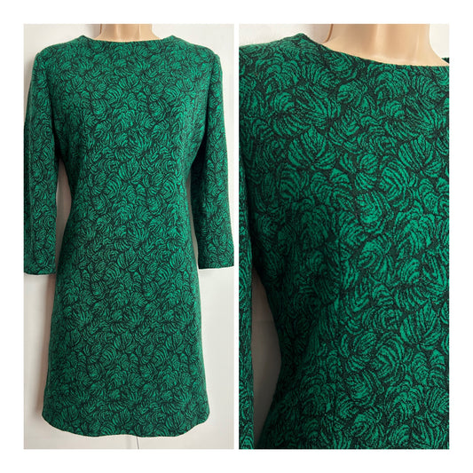 Vintage 1960s UK Size 8-10 Green & Black Leaf Pattern Long Sleeve Jersey Shift Dress