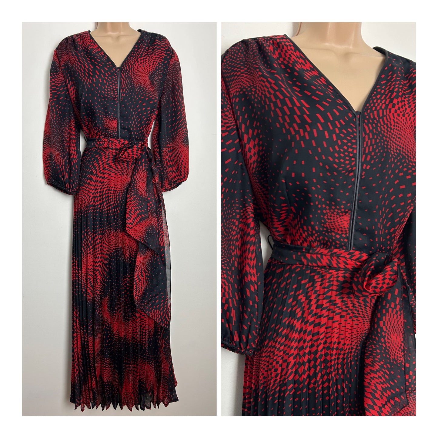 Vintage 1970s Size 16 Black & Red Op Art Print Belted Pleated Maxi Dress