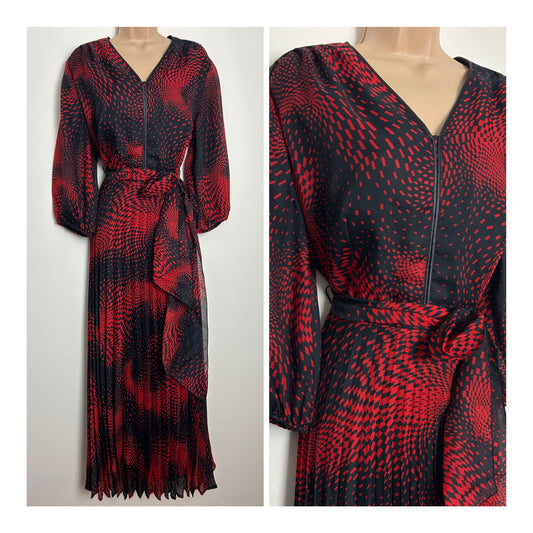 Vintage 1970s Size 16 Black & Red Op Art Print Belted Pleated Maxi Dress