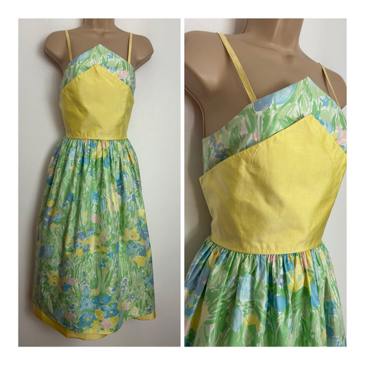 Vintage 1980s PRINCESS Size 6-8 Green Lemon Blue & Pink Floral Print Summer Party Prom 50s Style Dress