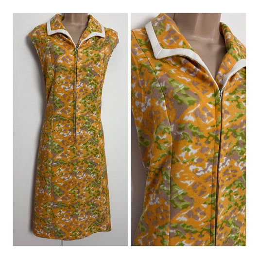 Vintage Early 1970s UK Size 14 Orange Green & White Abstract Print Sleeveless Wide Collared Mod Shift Dress