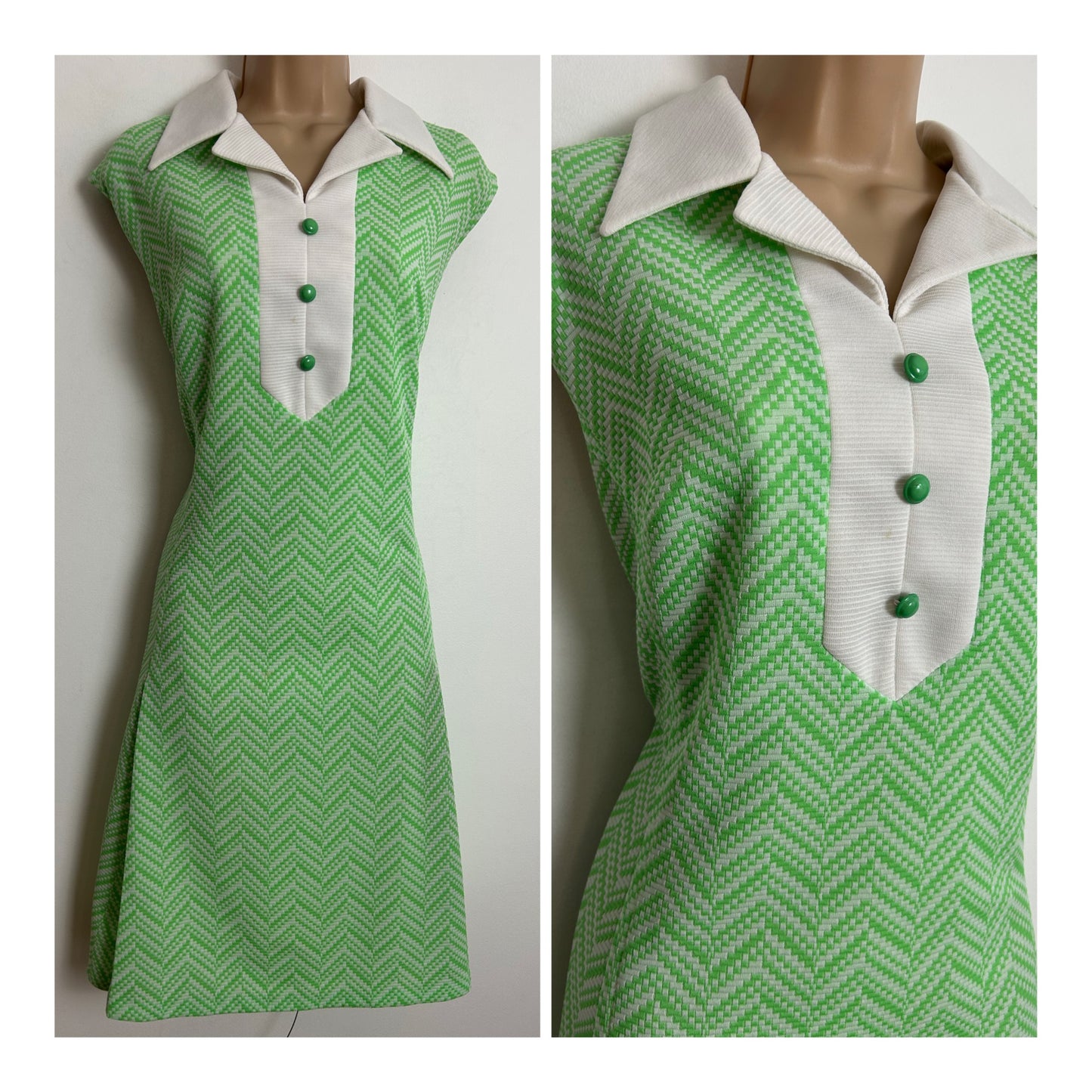 Vintage 1960s Size 14 Cute Green & White Chevron Stripe Pattern Sleeveless Mod Summer Shift Dress
