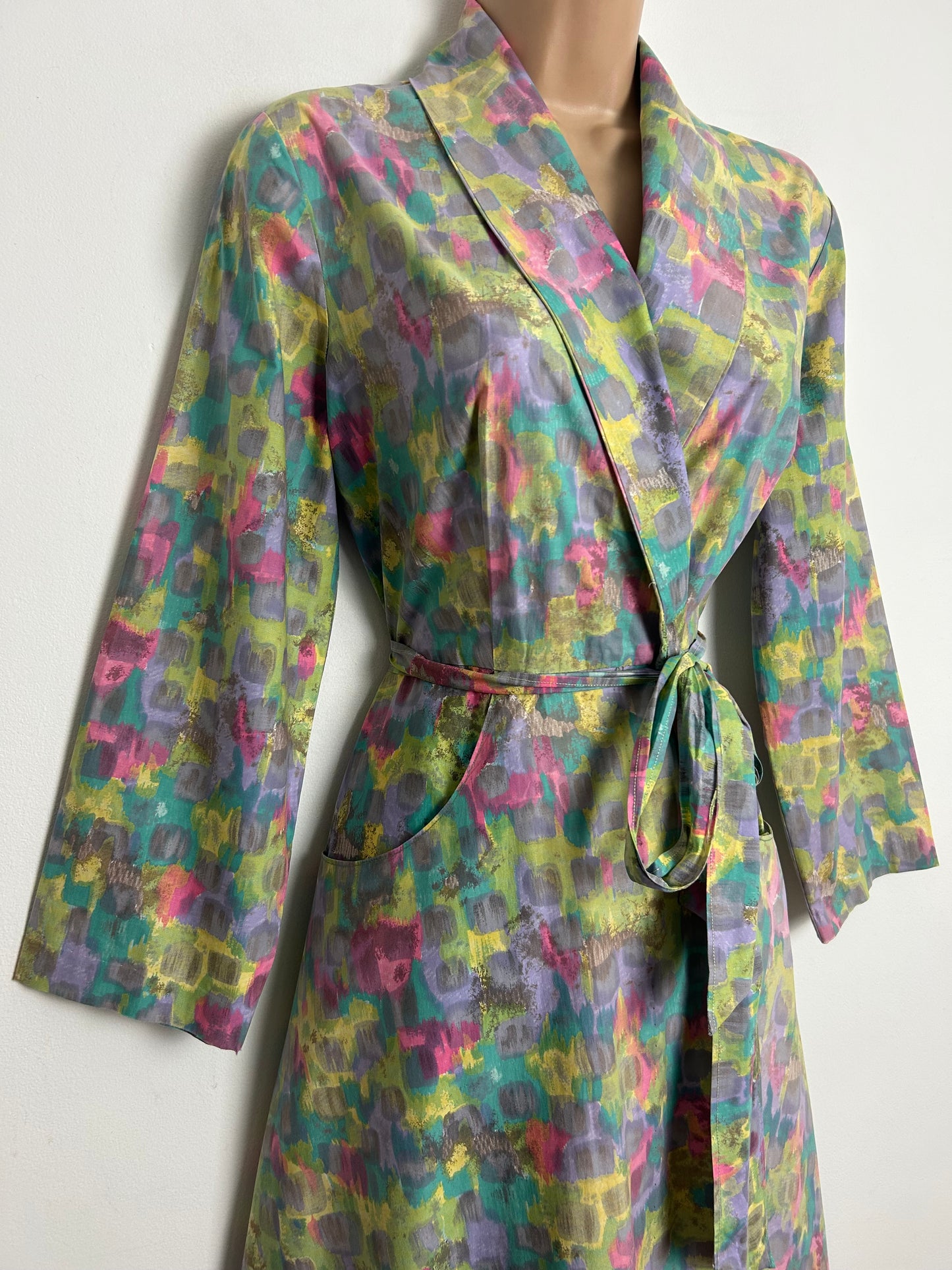 Vintage Late 1950s/Early 1960s Size 10-12 Green Pink Lilac & Turquoise Abstract Print Cotton Full Wrap Belted Day Dress