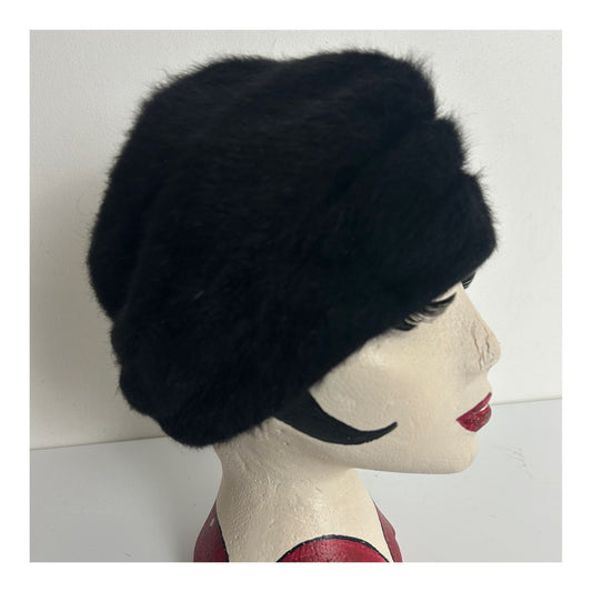 Vintage 1960s Black Angora Mix Turban Style Pill Box Hat