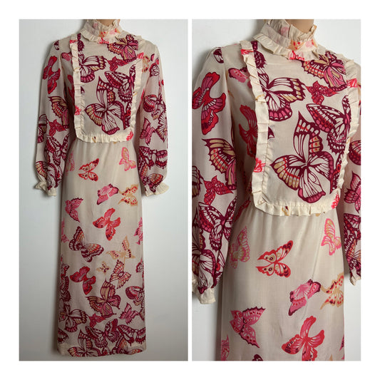 Vintage 1970s Size 10 Ivory White Red Plum Pink & Beige Butterfly Print Prairie Maxi Dress