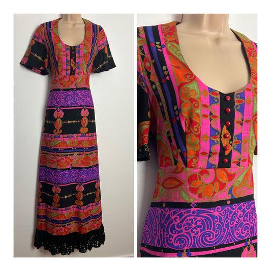 Vintage 1970s PEGGY LANE Size 8 Black Pink Purple Red & Green Abstract Print Pure New Wool Boho Maxi Dress
