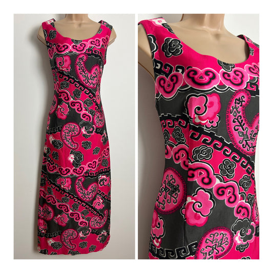 Vintage 1970s Size 8 Pink & Grey Abstract Print Sleeveless Column Maxi Dress