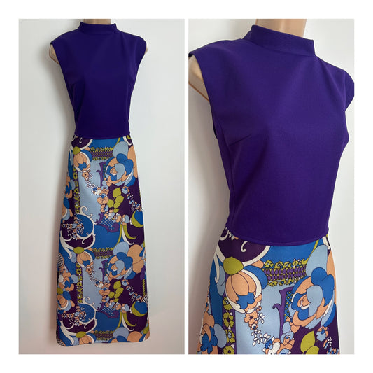 Vintage 1970s Size 12 Purple Blue Orange & Green Psychedelic Floral Print Sleeveless Maxi Dress