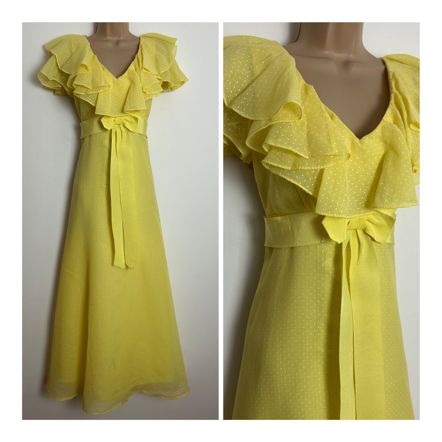 Vintage 1970s Size 6 Beautiful Lemon Polka Dot Ruffle Collar Short Sleeve Bow Detail Summer Maxi Dress