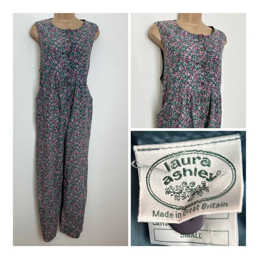 Vintage 1980s LAURA ASHLEY Size Small (Up to size 10/12) Green Pink & Purple Floral Needlecord Cotton Jumpsuit Romper