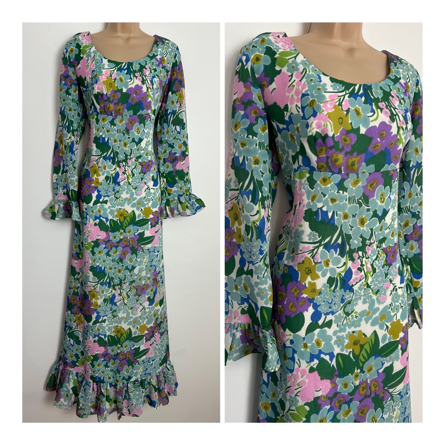 Vintage 1970s WYNDALE UK Size 14 Pretty Green & Pink Tones Floral Print Long Sleeve Boho Maxi Dress