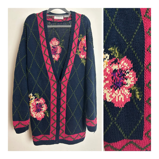 Vintage LIZ CLAIBORNE COLLECTION Size M (Up To Size 12/14) Handknitted Linen & Cotton Mix Navy & Pink Floral Cardigan