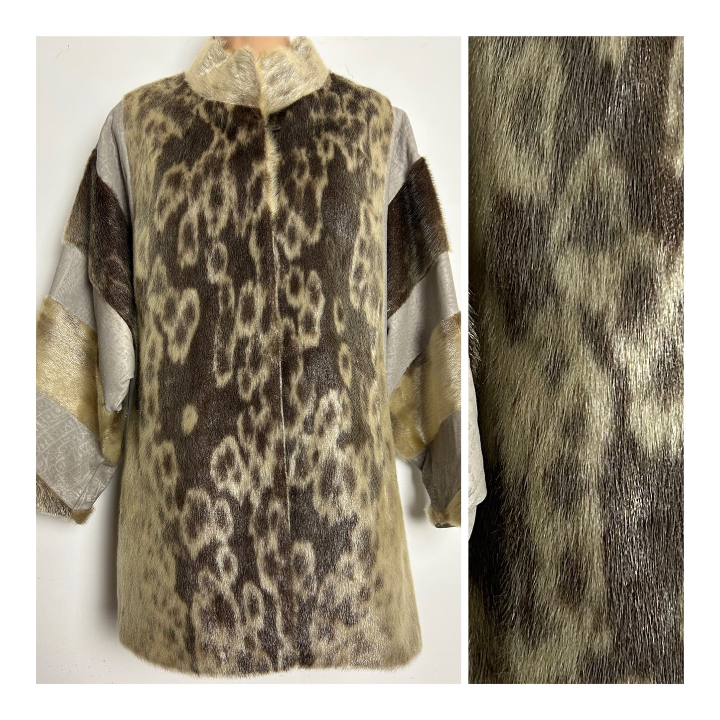 Vintage 1980s SCHRADER Size 12 Beige & Brown Tones Suede & Fur Animal Print Oversize Jacket