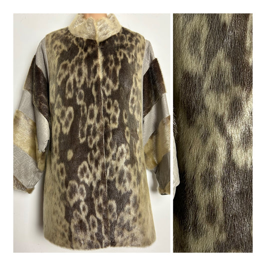 Vintage 1980s SCHRADER Size 12 Beige & Brown Tones Suede & Fur Animal Print Oversize Jacket