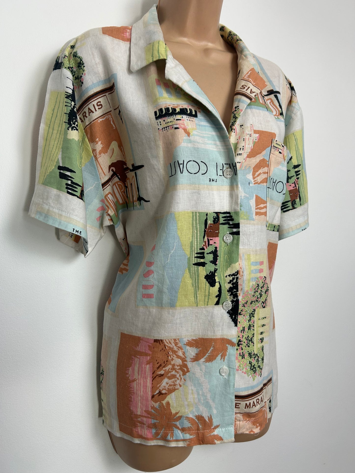 Vintage 1980s Size 12-14 Oversized White Italian & French Postcard Novelty Print Cotton Shirt