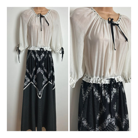 Vintage 1970’s Size 10/12 Black & White Cotton Floral & Polka Dot Prairie Maxi Dress