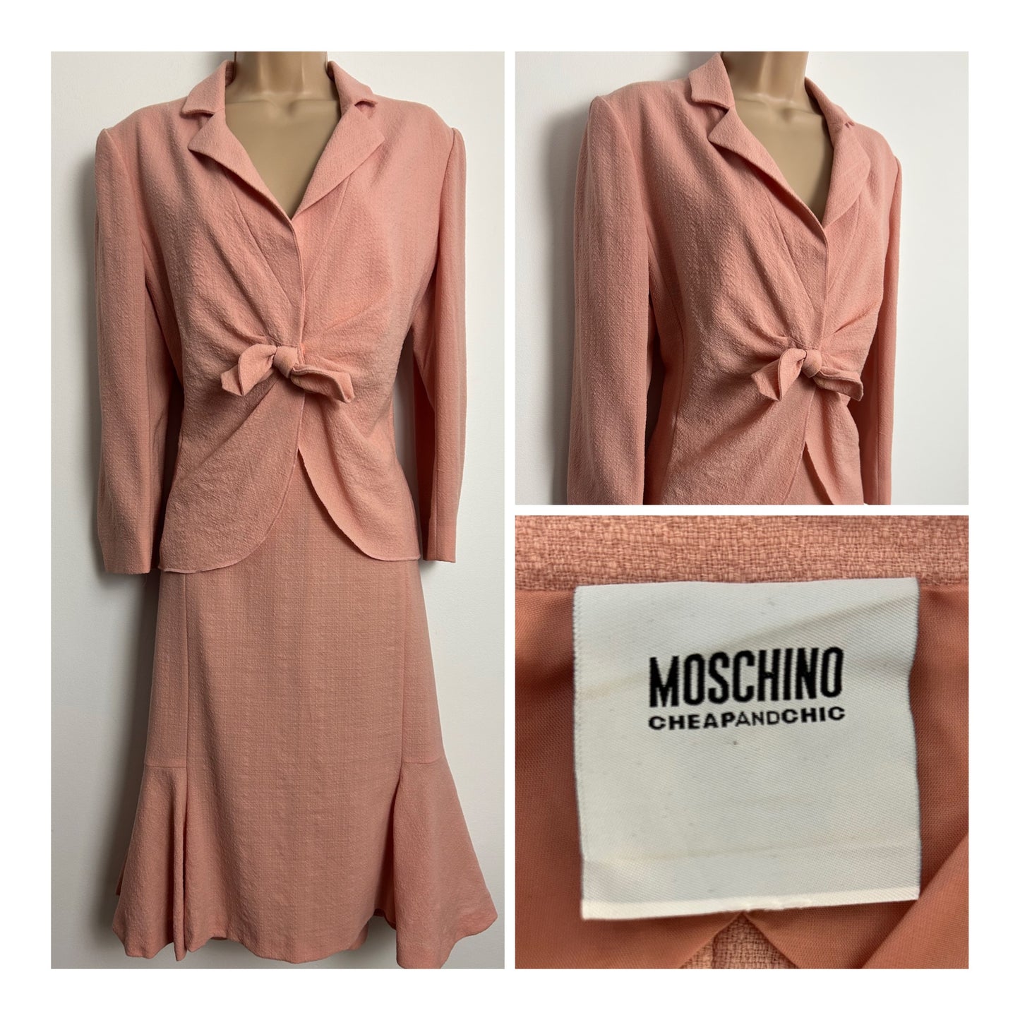 Vintage 1990s MOSCHINO CHEAP & CHIC Size 12 Pale Pink Virgin Wool 40s Style Skirt Suit