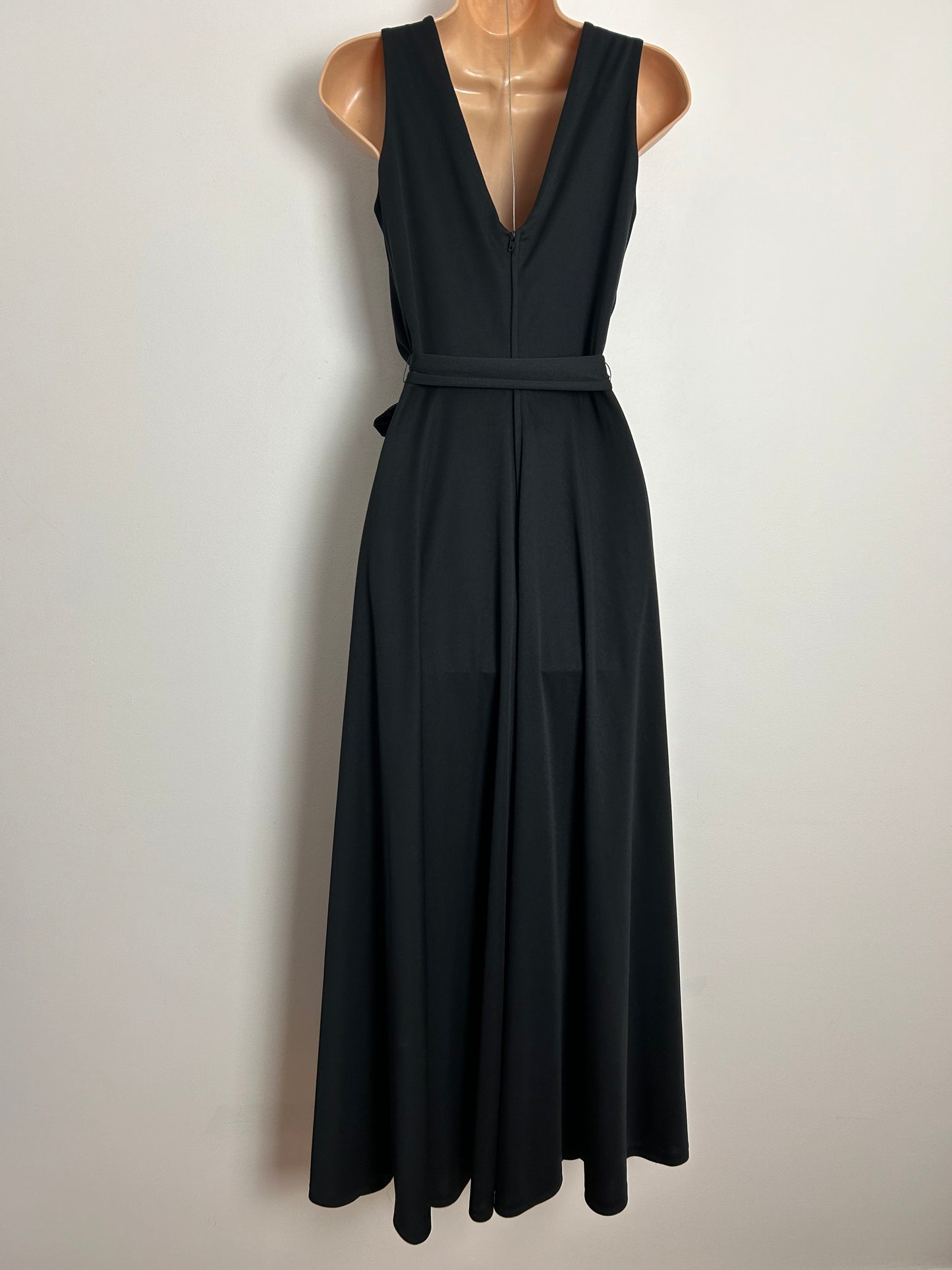 Vintage 1970s UK Size 8 Black Sleeveless Ruched Bodice Belted Evening Occasion Maxi Dress