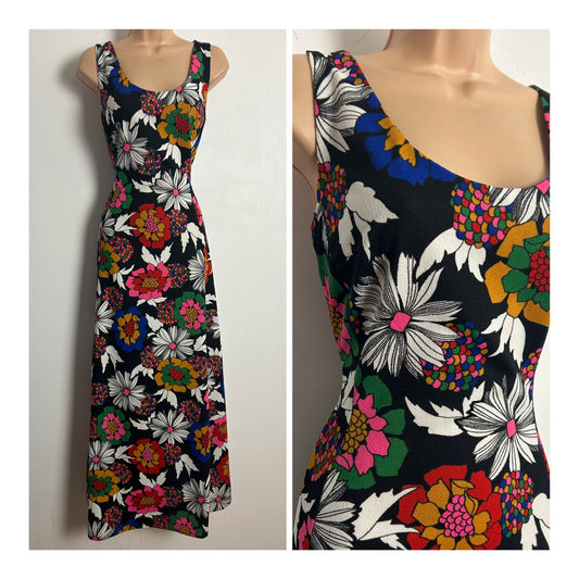 Vintage 1970s Size 10 Black Pink Red Green & Mustard Floral Print Sleeveless Maxi Dress