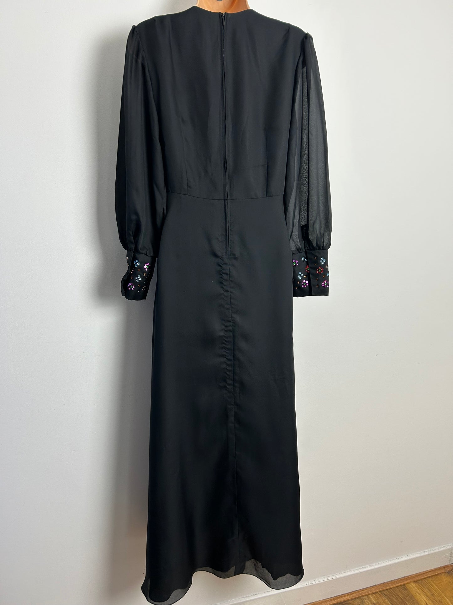 Vintage 1970s KLEEMIER HOFF Size 10 Black Chiffon Multicolour Sequin Detail Long Sleeve Occasion Maxi Dress