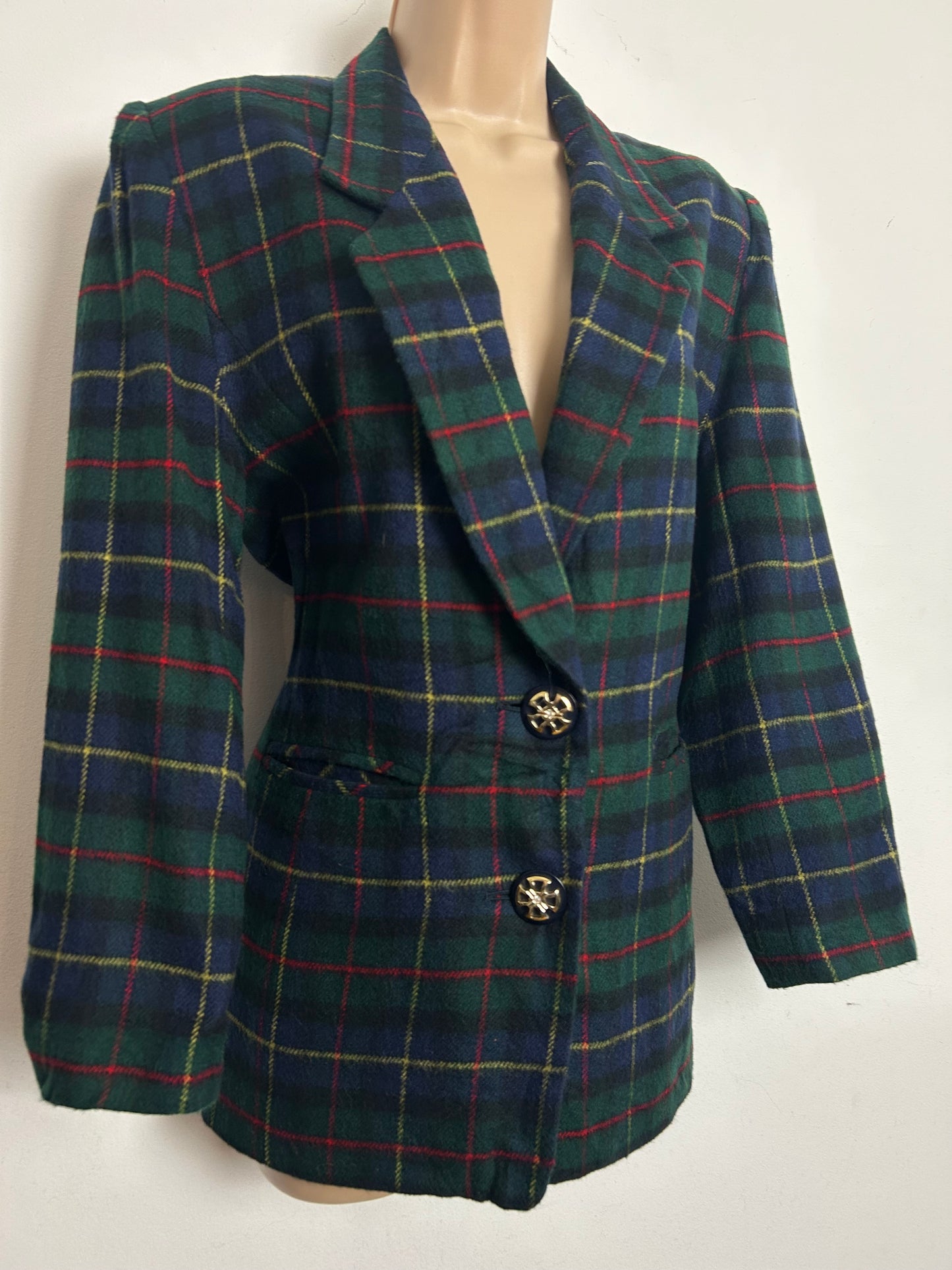 Vintage 1980s Size 12-14 SUPREME Dark Green Tartan Check Wool Mix Blazer