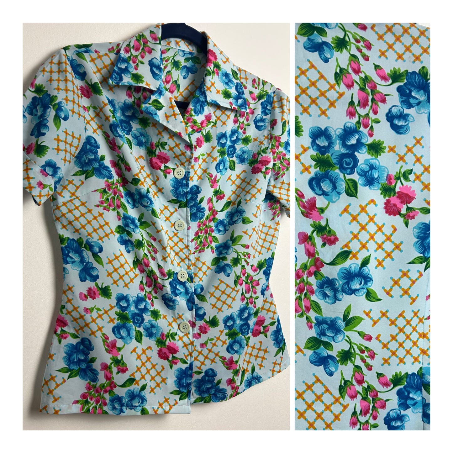 Vintage 1970s Size 12 Blue Pink & Orange Floral & Check Print Short Sleeve Shirt