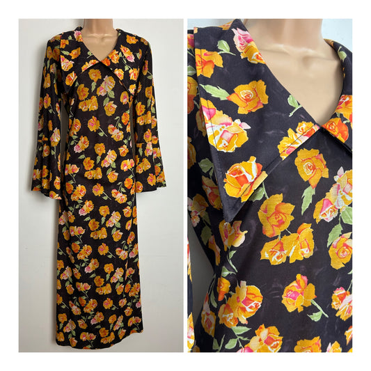 Vintage 1970s Size 14-16 Brown & Orange Bold Floral Print Dagger Collar Maxi Dress