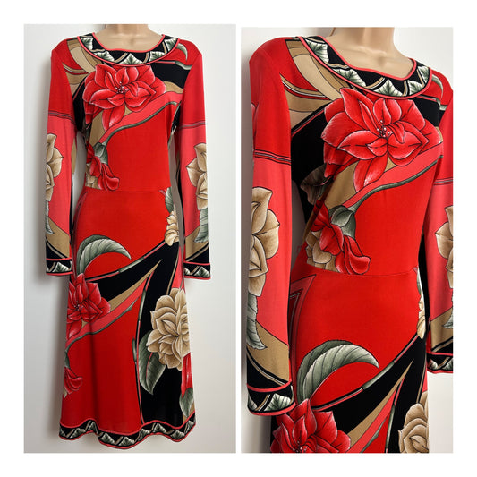 Vintage 1970s Size 12-14 Dark Orange Floral & Border Print Long Sleeve Dress