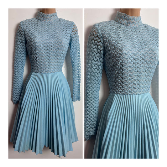 Vintage 1960s UK Size 6 Gorgeous Baby Blue Lace Bodice Long Sleeve Pleated Dress