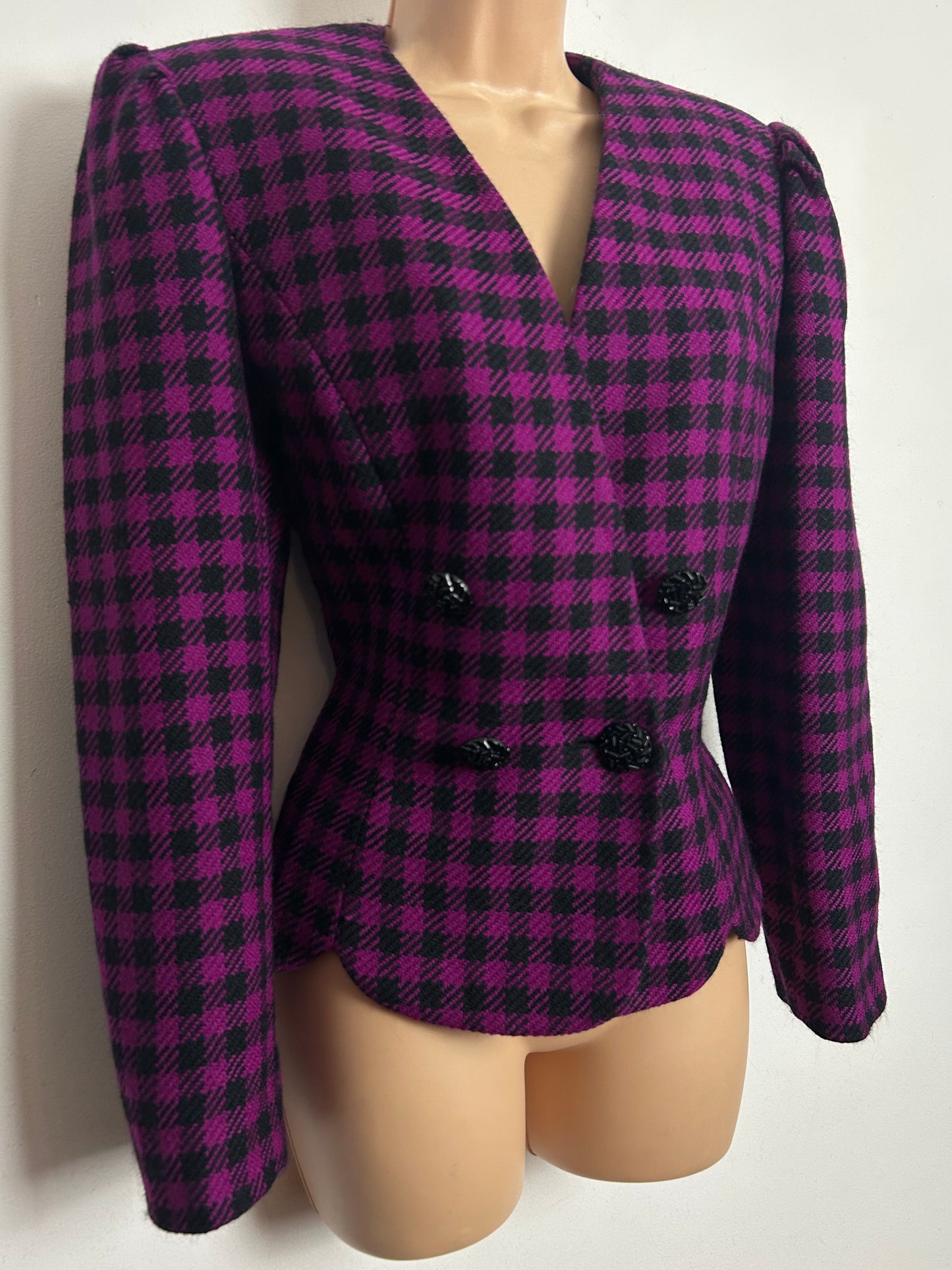 Vintage 1980s ALBERT NIPON Size 10 Dark Pink & Black Check 100% Wool Double Breasted Fitted Jacket