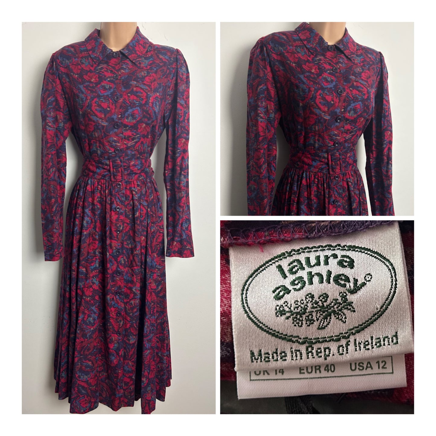 Vintage 1980s LAURA ASHLEY MADE IN REP IRELAND Size 12 Red & Blue Tones Floral Print Belted Pleated Cotton Day Dress
