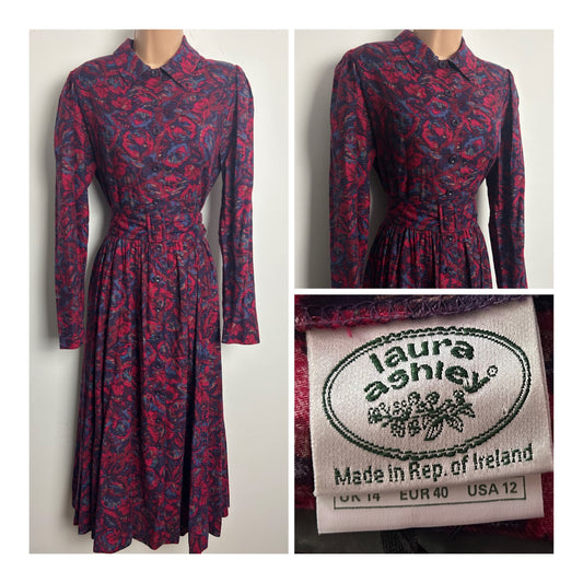 Vintage 1980s LAURA ASHLEY MADE IN REP IRELAND Size 12 Red & Blue Tones Floral Print Belted Pleated Cotton Day Dress