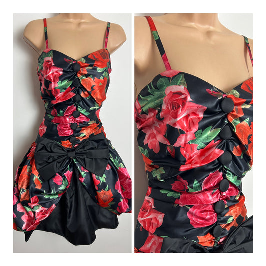 Vintage 1980s Size 12 Black & Red Floral Print Party Prom Dress