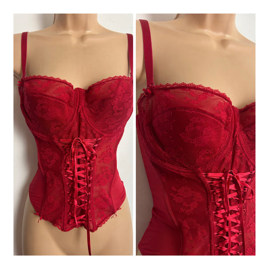 Ann Summers Size 34D Red Lace Ribbon Bustier Tie Boned Corset With Detachable Straps