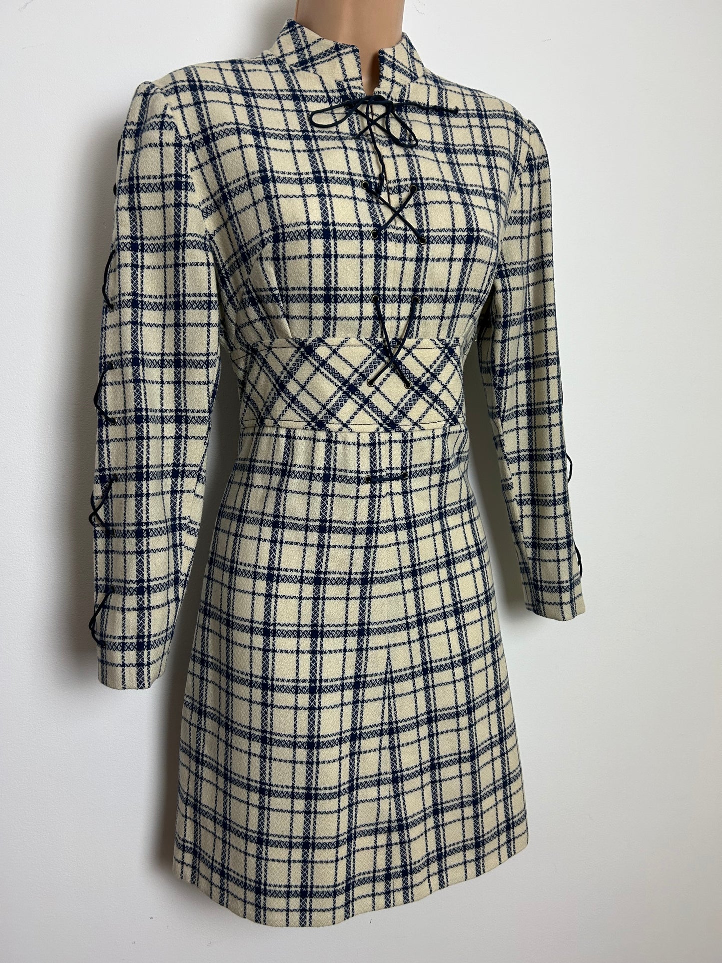 Vintage 1960s Size 8 Cream & Blue Check Pattern Wool Long Sleeve Lace Up Detail Mod Dress