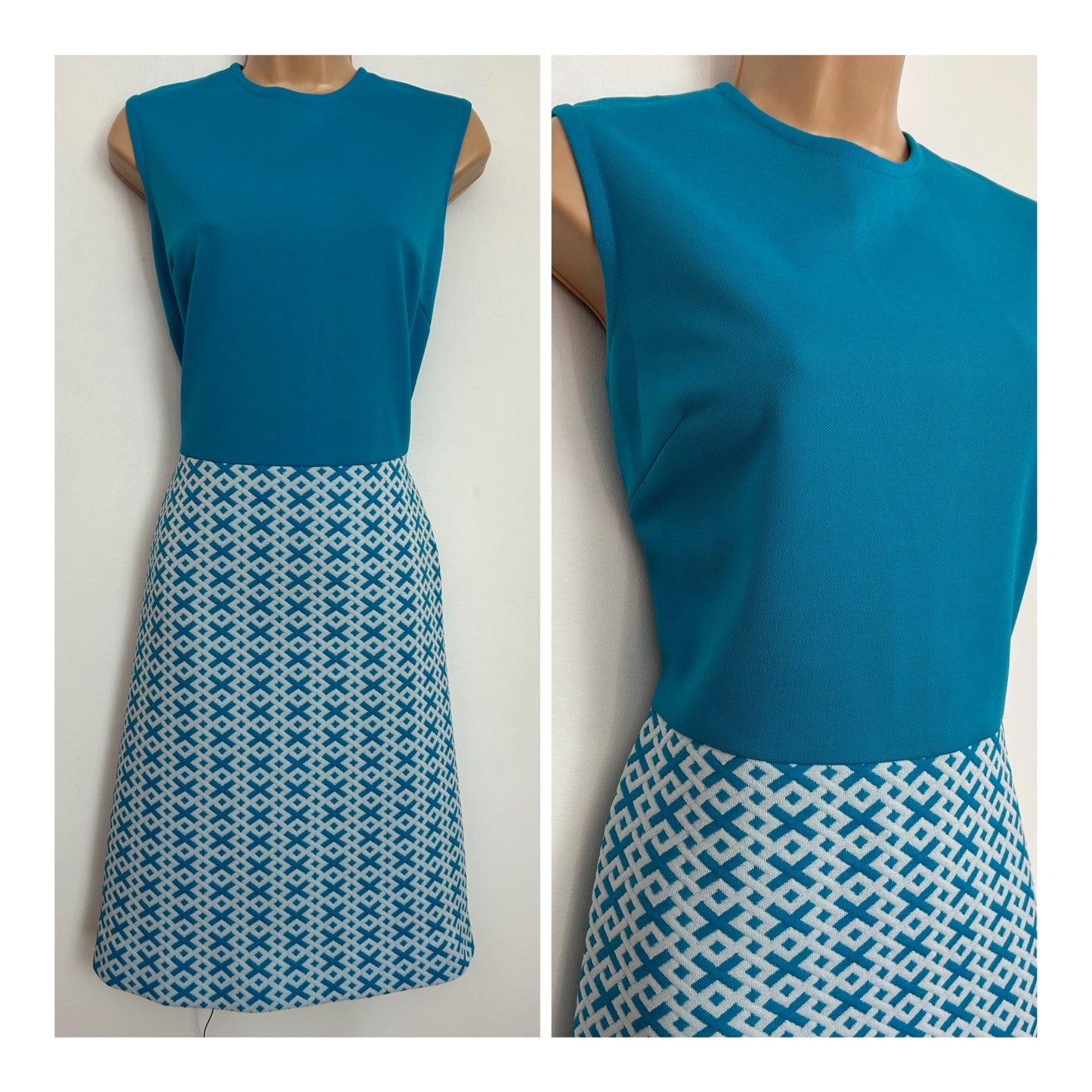 Vintage 1960s UK Size 12 Turquoise & White Cross & Diamond Pattern Sleeveless A-Line Mod Dress