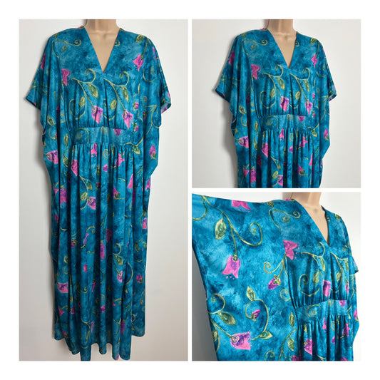 Vintage One Size Turquoise Pink & Green Floral Print Short Wide Sleeve Kaftan