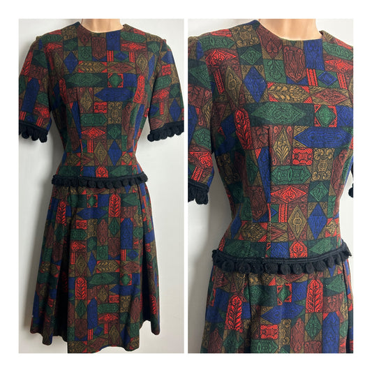 Vintage 1950s Size 8-10 Dark Red Blue Brown & Green Abstract Print Wool Mix Day Dress
