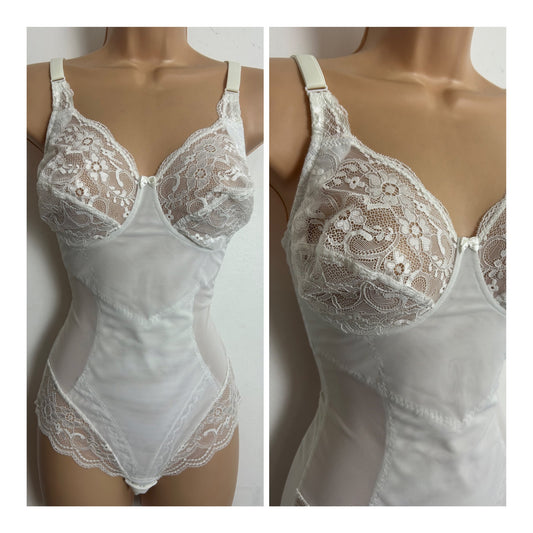 Vintage 34D White Lace Cups Tummy Control Corselette Bodysuit