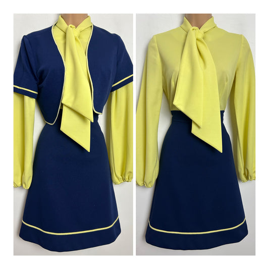 Vintage 1960s Size 8 Navy Blue & Yellow Scarf Neck Long Sleeve Mod Dress & Matching Jacket