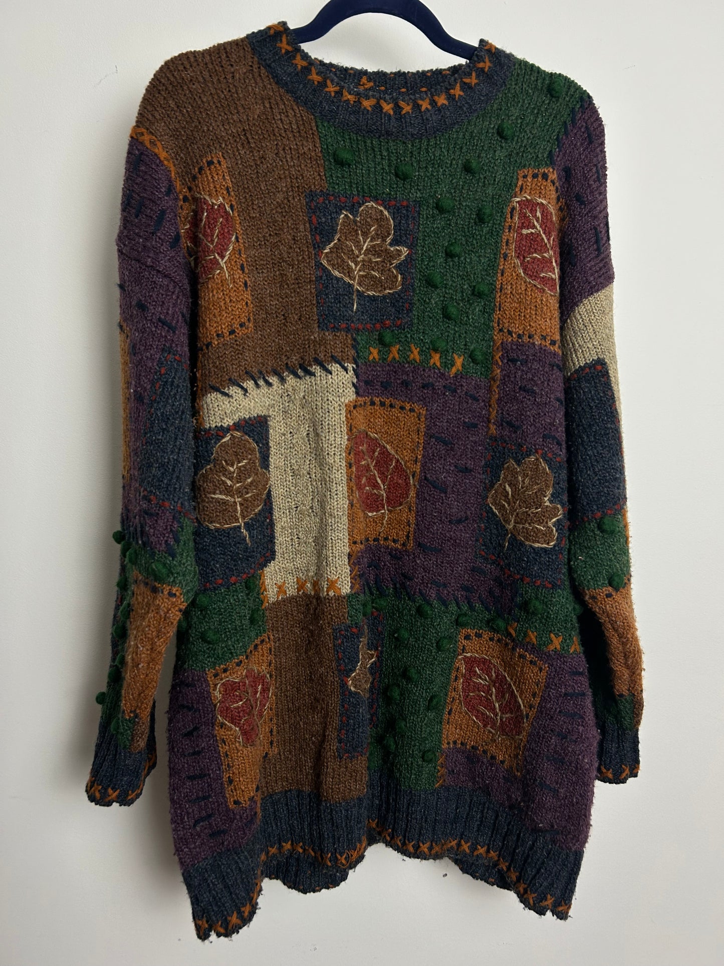 Vintage 1980s 90s Up To Size 20 Brown & Green Autumnal Leaf Pattern Wool Mix Pullover Jumper