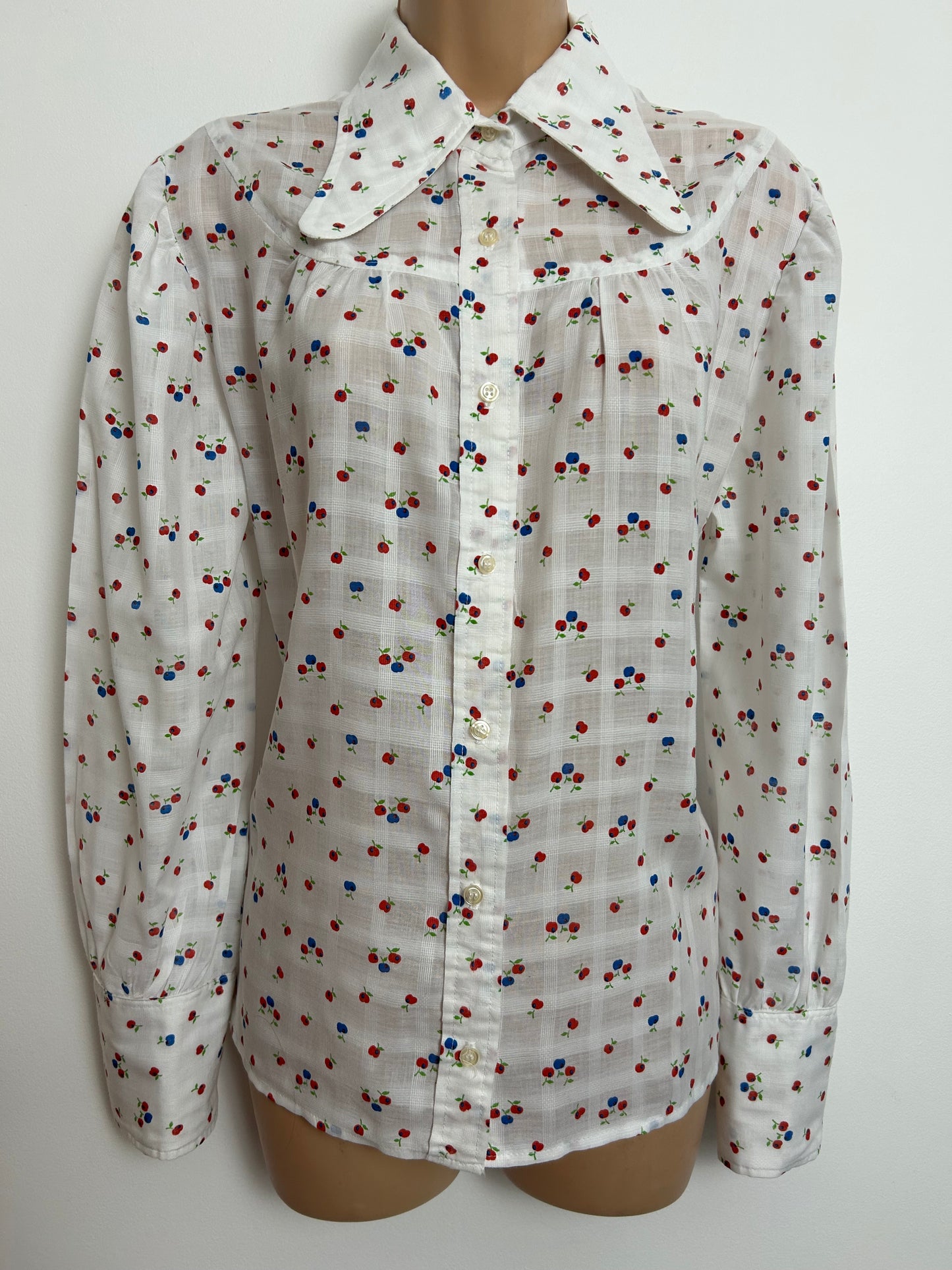 Vintage 1970s Size 14 White Red & Blue Apple Print Beagle Collar Cotton Shirt