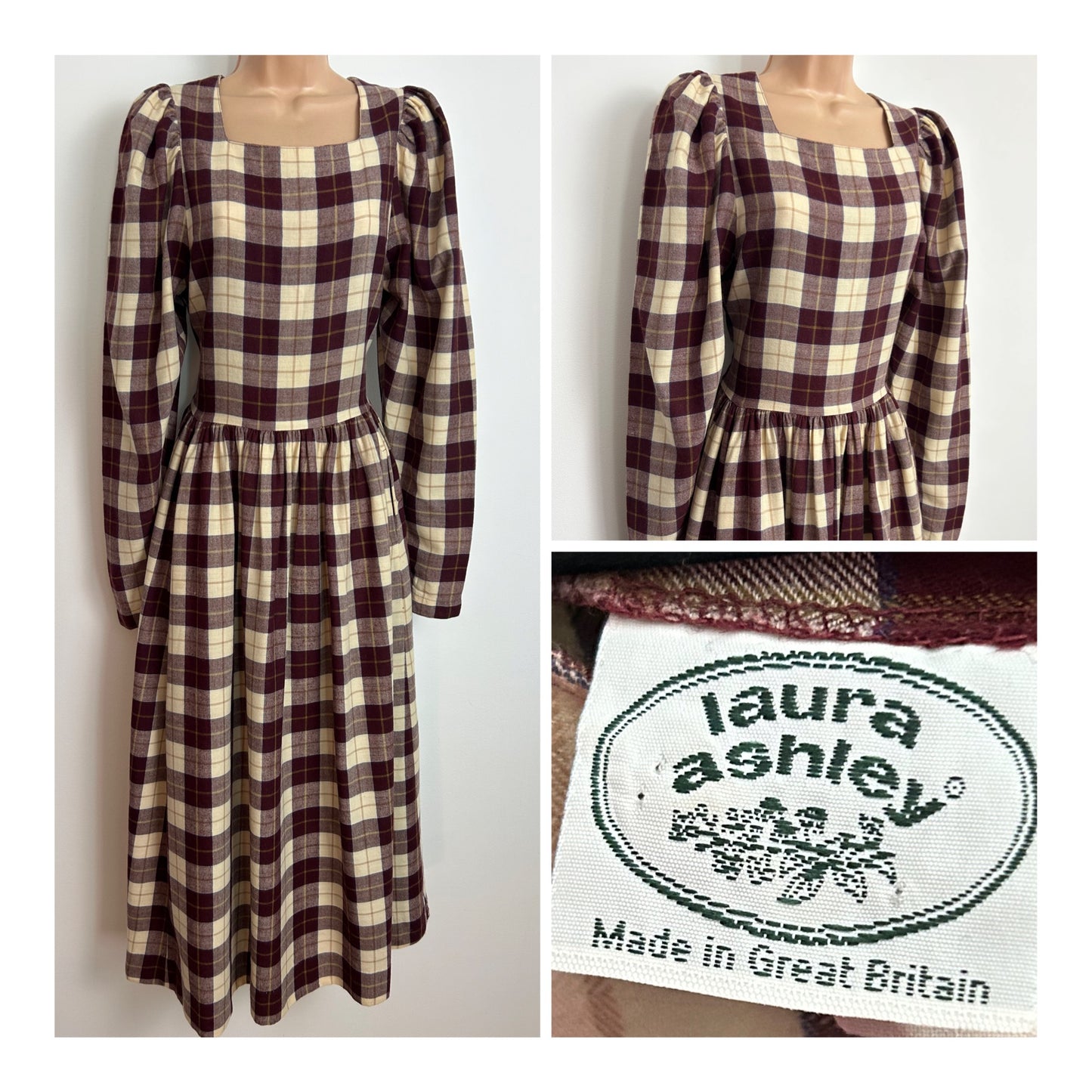 Vintage 1980s LAURA ASHLEY UK Size 10 (Size 12 On The Label) Maroon & Cream Check Print Wool & Cotton Mix Day Dress
