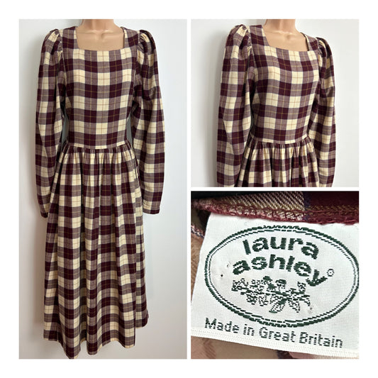 Vintage 1980s LAURA ASHLEY UK Size 10 (Size 12 On The Label) Maroon & Cream Check Print Wool & Cotton Mix Day Dress