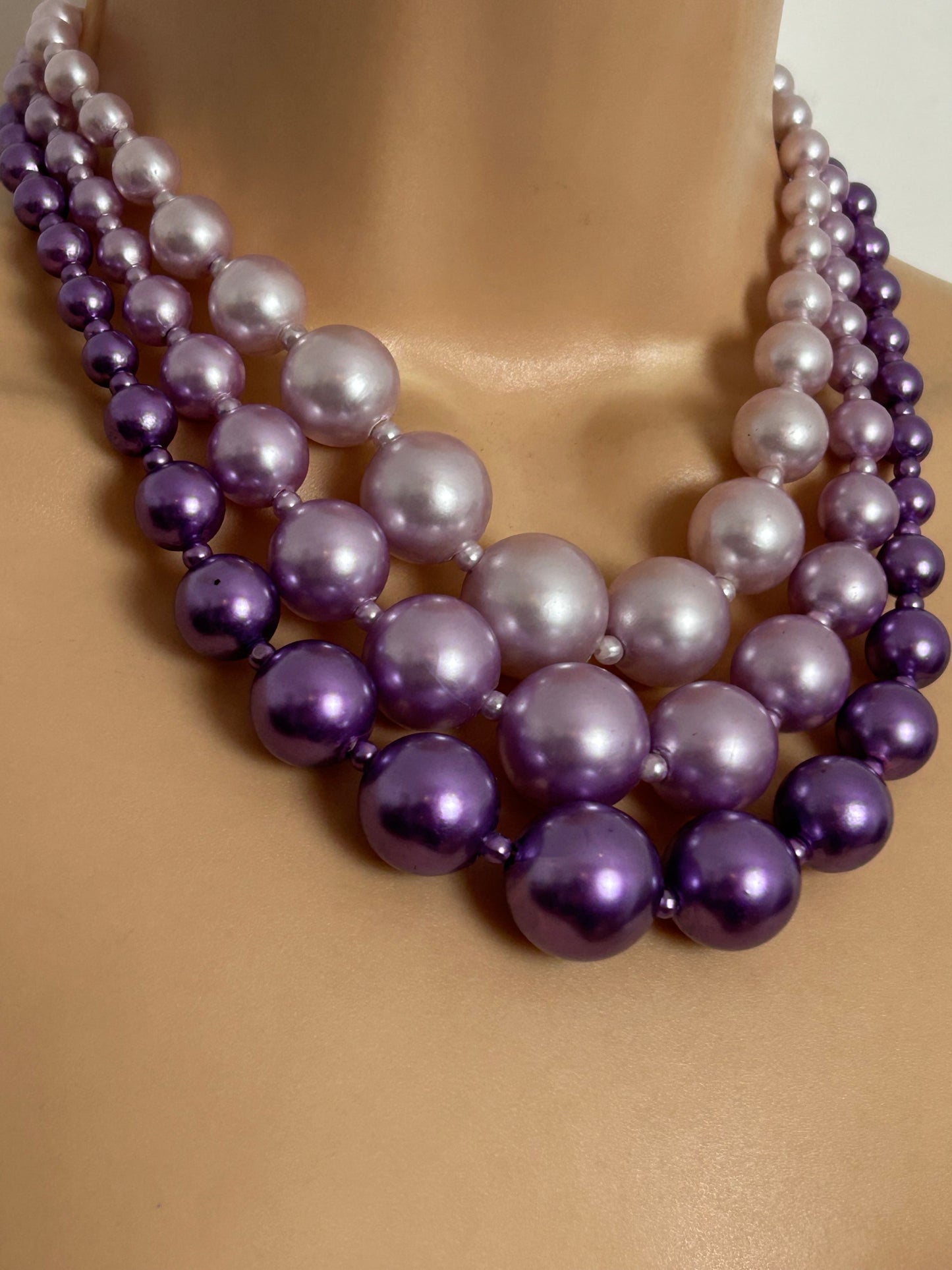 Vintage 1960s HONG KONG Stamped Pink Lilac & Purple Triple Strand Graduating Chunky Bead Choker Necklace