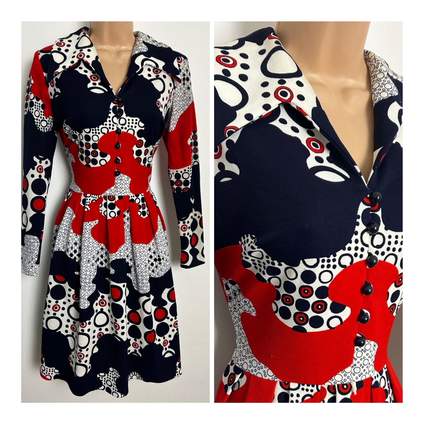 Vintage Late 1960s COVER GIRL OF AMERICA Size 8 Blue White & Red Abstract Spot Print Mod Dress
