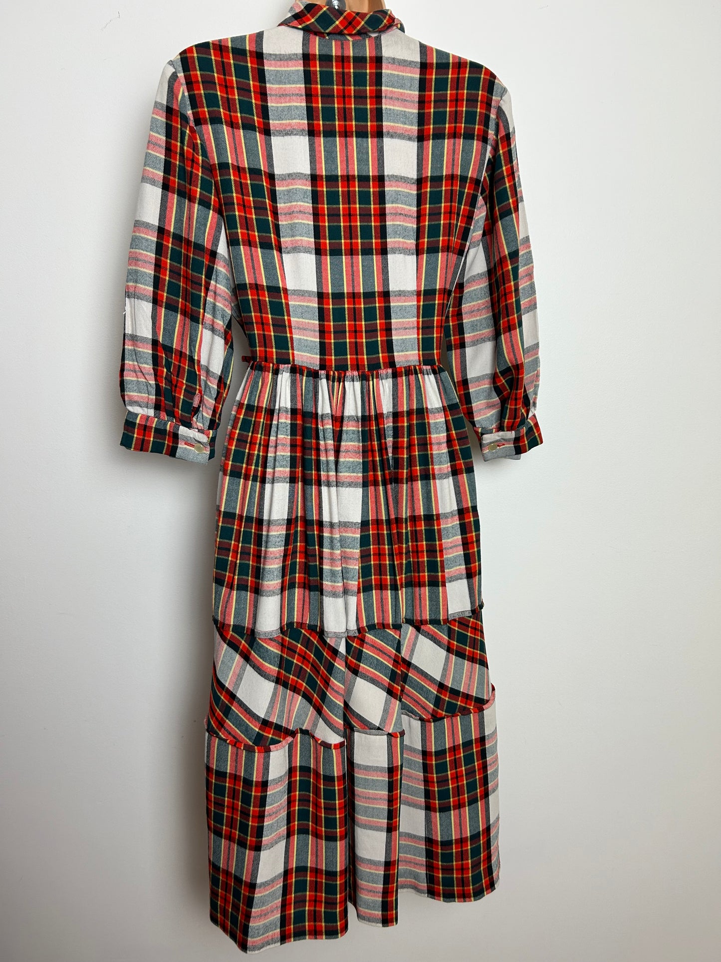 Vintage Late 1950s Size 10 Dark Green Red & White Tartan Check Gather Pleated Day Dress