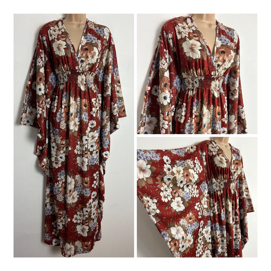 Vintage 1970s SYLVAN One Size Up To Size 12/14 Chestnut Brown Floral Print Wide Sleeve Kaftan Style Boho Maxi Dress