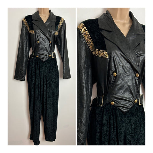 Vintage Extreme 1980's Size 14 Black Wet Look & Velour Gold Braid Trim Long Sleeve Side Buckle Fastenings Jumpsuit
