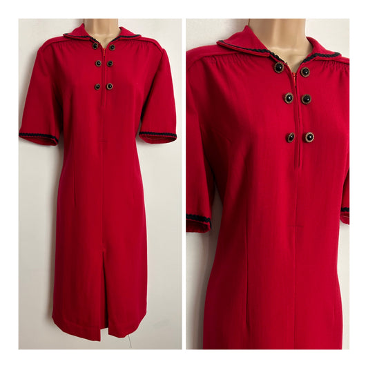 Vintage 1960s Homemade UK Size 14-16 Red Rayon Wool Mix Zip Front Short Sleeve Mod Shift Dress